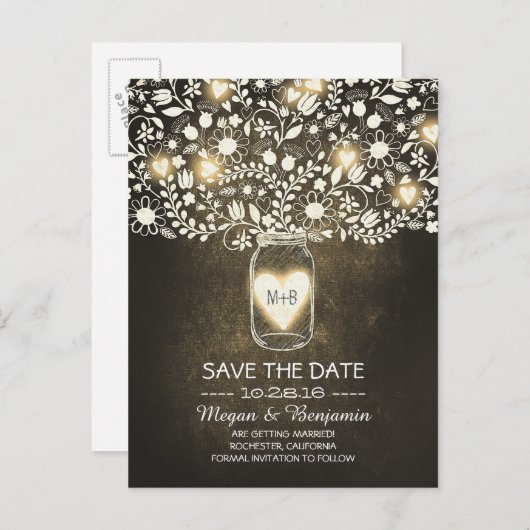 Bloemen metselaarpot geel rustiek save de datum aankondigingskaart (Voorkant / Achterkant)