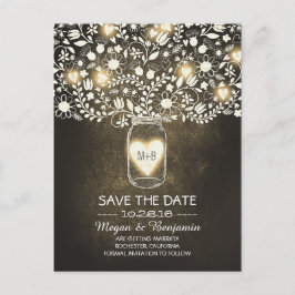 Bloemen metselaarpot geel rustiek save de datum aankondigingskaart