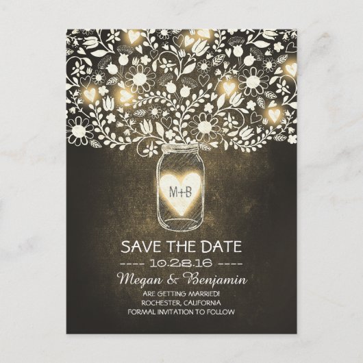 Bloemen metselaarpot geel rustiek save de datum aankondigingskaart (Voorkant)