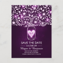 Bloemen metselaarpot paarse rustiek save de datum aankondigingskaart