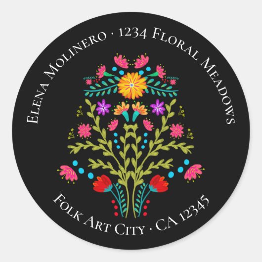 Bloemen Mexicaans Fiesta Bloemen Zwart Adres Ronde Sticker (Voorkant)