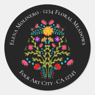 Bloemen Mexicaans Fiesta Bloemen Zwart Adres Ronde Sticker