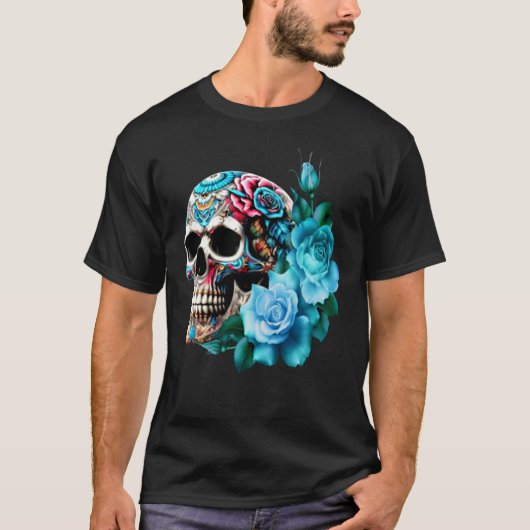 Bloemen Mexicaanse schedel Dag van de Dode Dia De T-shirt (Voorkant)
