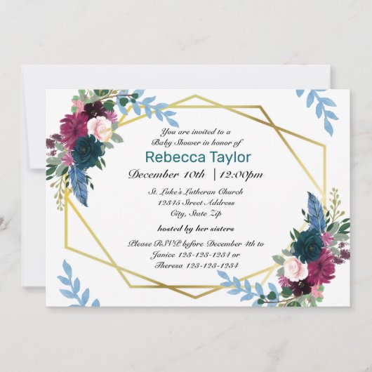Bloemen Mod Blauwgroen - Baby shower Uitnodiging (Voorkant)