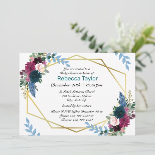 Bloemen Mod Blauwgroen - Baby shower Uitnodiging (Staand voorkant)