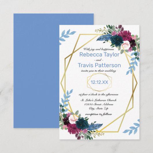 Bloemen Mod Blue - 3x5 bruiloft uitnodiging (Voorkant / Achterkant)