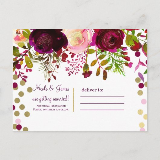 Bloemen Modern Goud Bourgondië Bold Save the Date Aankondigingskaart (Achterkant)