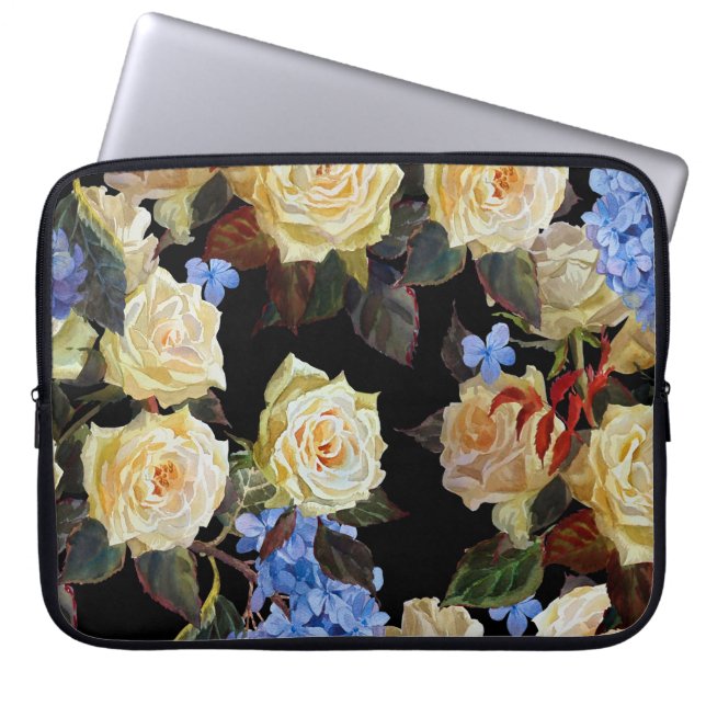 Bloemen modern patroon, witte rozen, blauwe horten laptop sleeve (Voorkant)