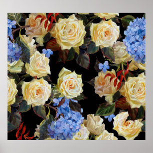 Bloemen modern patroon, witte rozen, blauwe horten poster