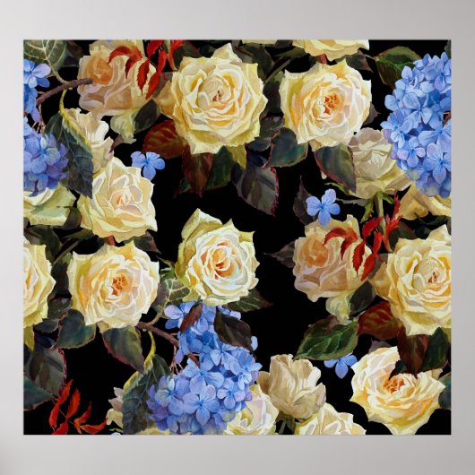 Bloemen modern patroon, witte rozen, blauwe horten poster (Voorkant)