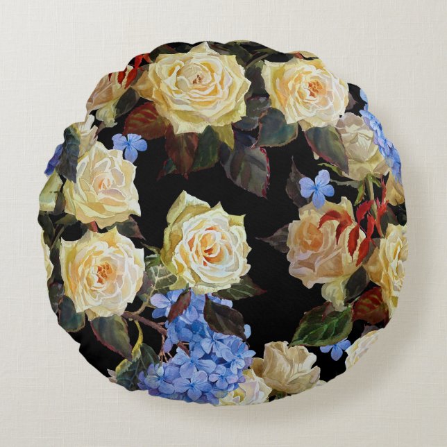 Bloemen modern patroon, witte rozen, blauwe horten rond kussen (Voorkant)