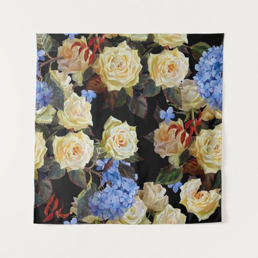 Bloemen modern patroon, witte rozen, blauwe horten wandkleed (Voorkant)