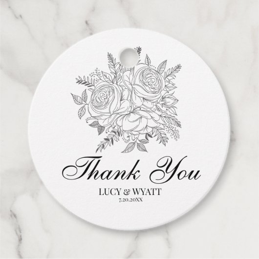 Bloemen Modern Zwart en Wit Dank u Bedankjes Labels (Voorkant)