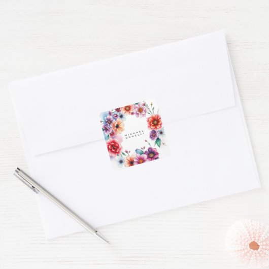 Bloemen Moderne Eigen Naam Professioneel Vierkante Sticker (Envelop)
