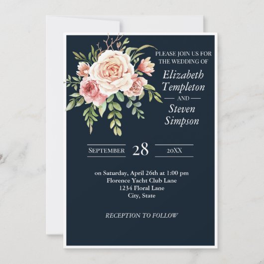  Bloemen Moderne Navy Roze Vette Huwelijk Kaart (Voorkant)