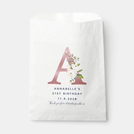 Bloemen Monogram 21e Verjaardag Naam Aangepast Bedankzakje (Voorkant)