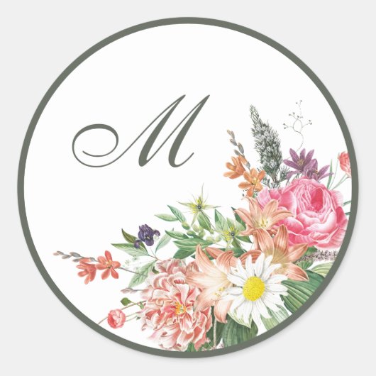 Bloemen Monogram Bruiloft Envelop Afdichtingen Ronde Sticker (Voorkant)