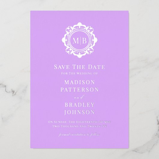  Bloemen Monogram Fotobruiloft Bewaar de datum Folie Uitnodiging (Voorkant)