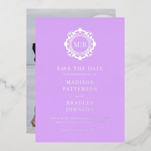 Bloemen Monogram Fotobruiloft Bewaar de datum Folie Uitnodiging (Voorkant / Achterkant)