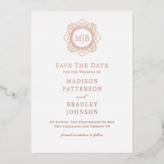  Bloemen Monogram Fotobruiloft Bewaar de datum Folie Uitnodiging (Voorkant)