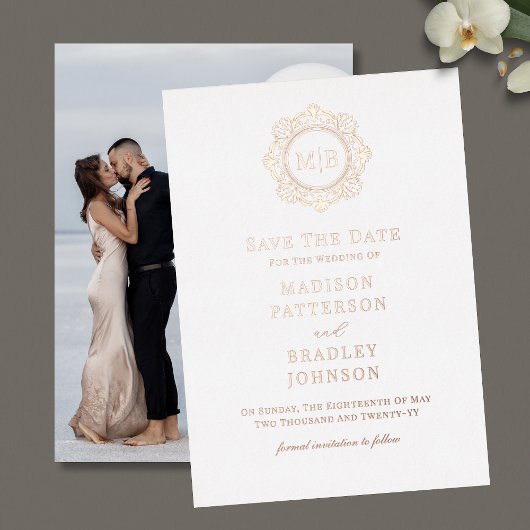  Bloemen Monogram Fotobruiloft Bewaar de datum Folie Uitnodiging