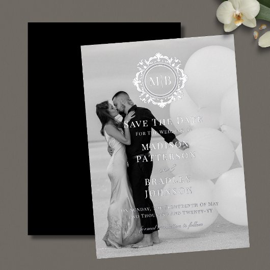  Bloemen Monogram Fotobruiloft Bewaar de datum Folie Uitnodiging