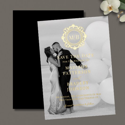  Bloemen Monogram Fotobruiloft Bewaar de datum Folie Uitnodiging