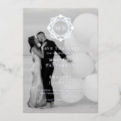  Bloemen Monogram Fotobruiloft Bewaar de datum Folie Uitnodiging (Voorkant)