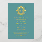  Bloemen Monogram Fotobruiloft Bewaar de datum Folie Uitnodiging (Voorkant)