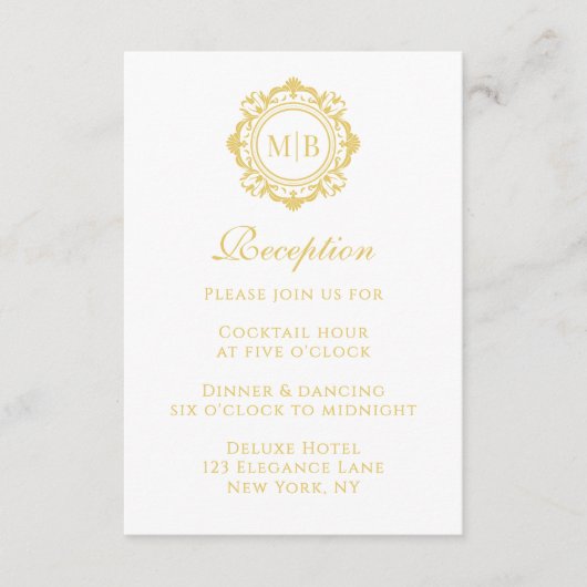Bloemen Monogram Gouden Receptie Trouwen Informatiekaartje (Voorkant)