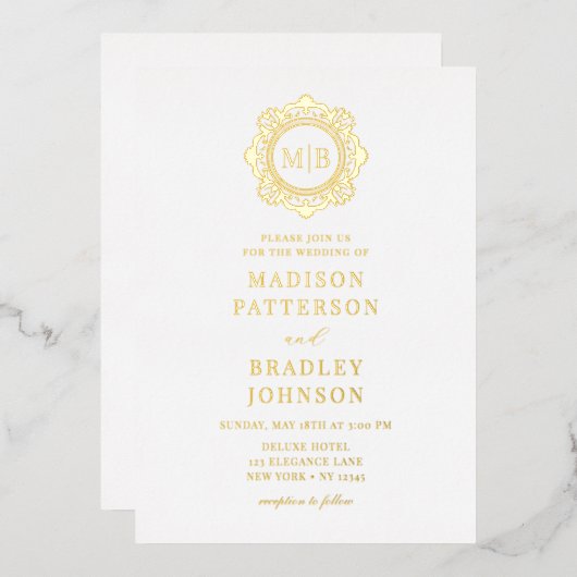 Bloemen Monogram Huwelijk Elegant Folie Uitnodiging (Voorkant / Achterkant)