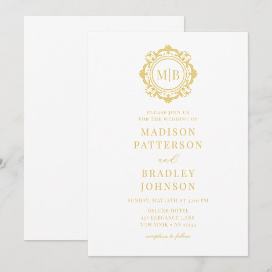 Bloemen Monogram Huwelijk Elegant Goud Kaart (Voorkant / Achterkant)