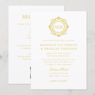 Bloemen Monogram Huwelijk Elegant Goud Kaart