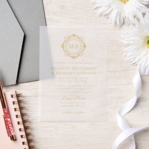  Bloemen Monogram Huwelijk Elegant Goud Vellum Uitnodigingen