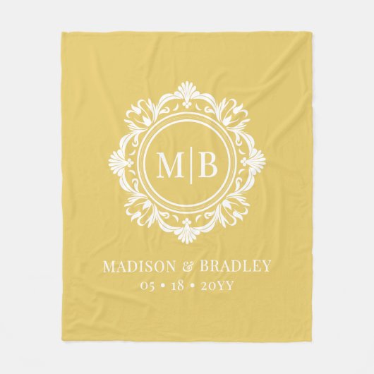 Bloemen Monogram Huwelijk Elegant Goud Wit Fleece Deken (Voorkant)