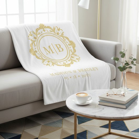 Bloemen Monogram Huwelijk Elegant Goud Wit Fleece Deken