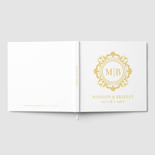 Bloemen Monogram Huwelijk Elegant Goud Wit Gastenboek (Volledig)