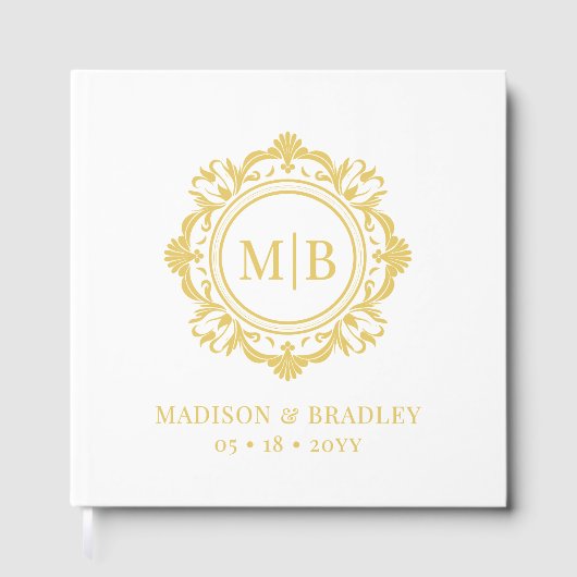  Bloemen Monogram Huwelijk Elegant Goud Wit Gastenboek (Voorkant)