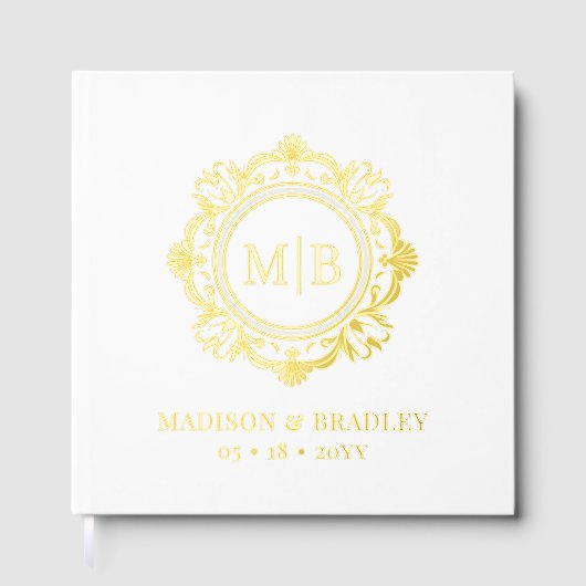 Bloemen Monogram Huwelijk Elegant Goud Wit Gastenboek (Voorkant)