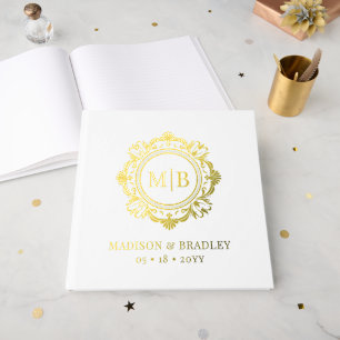  Bloemen Monogram Huwelijk Elegant Goud Wit Gastenboek