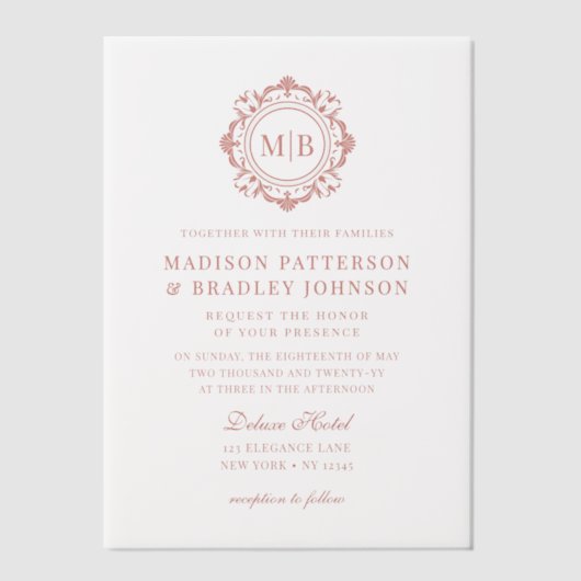 Bloemen Monogram Huwelijk Elegant Roos Goud Vellum Uitnodigingen (Voorkant)