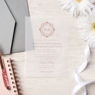 Bloemen Monogram Huwelijk Elegant Roos Goud Vellum Uitnodigingen