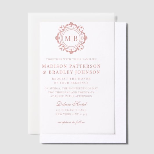  Bloemen Monogram Huwelijk Elegant Roos Goud Vellum Uitnodigingen (Offset)