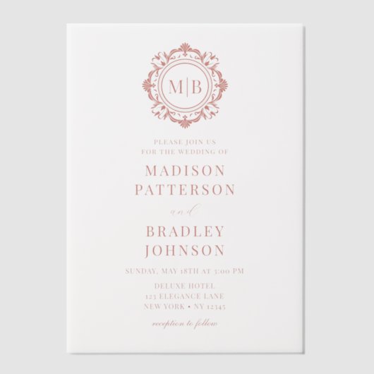  Bloemen Monogram Huwelijk Elegant Vellum Invi Vellum Uitnodigingen (Voorkant)