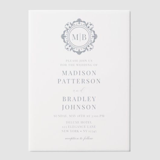  Bloemen Monogram Huwelijk Elegant Vellum Invi Vellum Uitnodigingen (Voorkant)