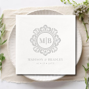  Bloemen Monogram Huwelijk Elegant Zilver Folie Servetten