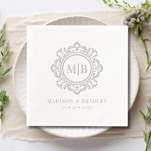  Bloemen Monogram Huwelijk Elegant Zilver Folie Servetten