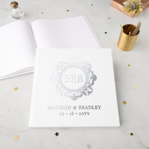 Bloemen Monogram Huwelijk Elegant Zilver Gastenboek