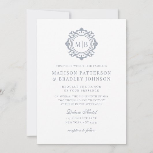  Bloemen Monogram Huwelijk Elegant Zilver Kaart (Voorkant)