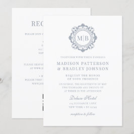 Bloemen Monogram Huwelijk Elegant Zilver Kaart
